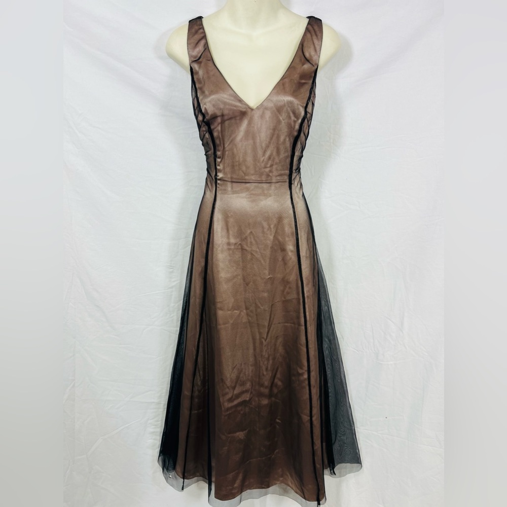Vintage Papell Boutique Evening Gown Black Pink Beige Mesh Overlay A-Line Dress